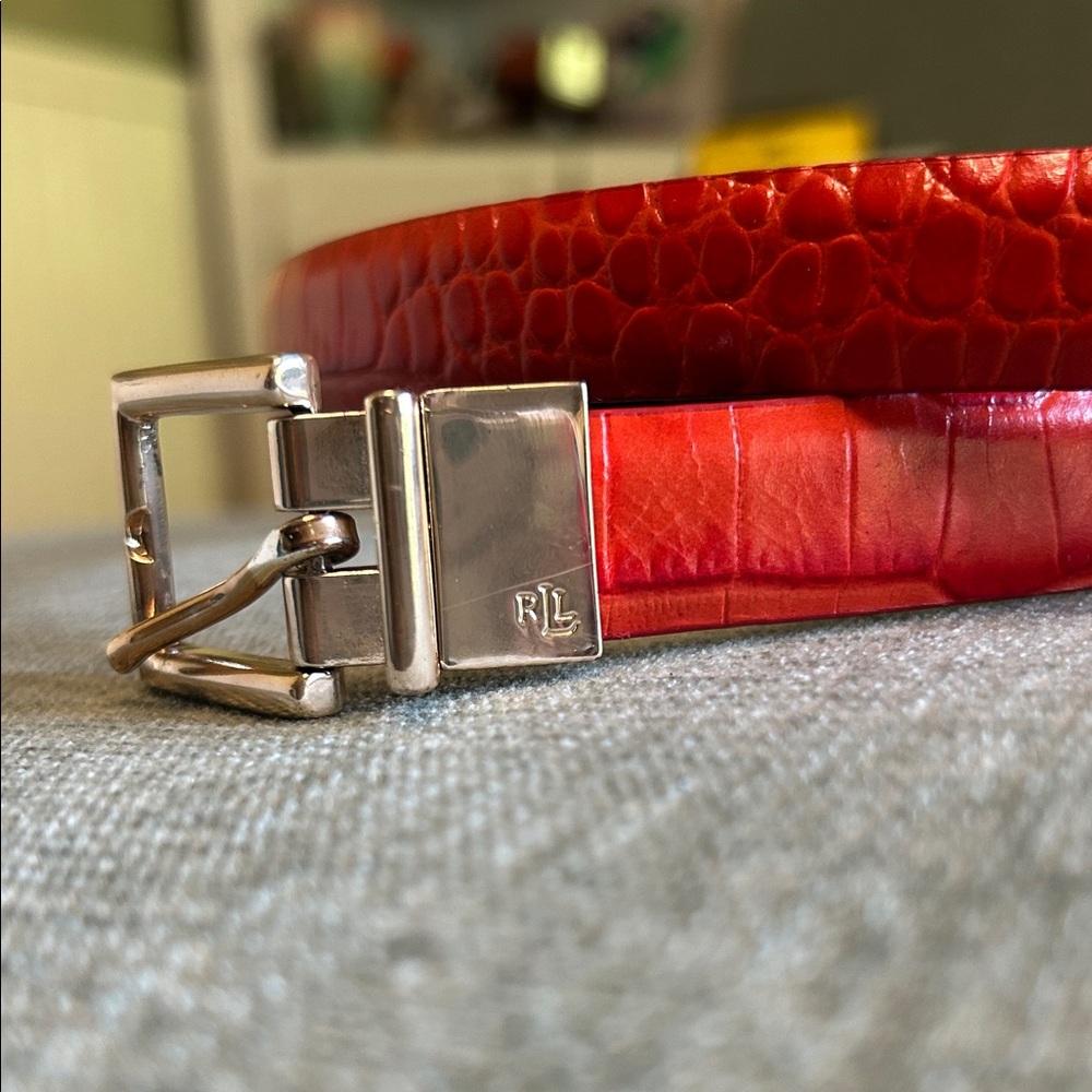Ralph Lauren reversible RedCrocodile Embossed Belt  and Black with Gold Buckle